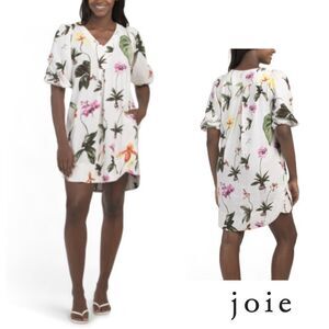 Joie Linen Blend Printed Puff Sleeve Mini Dress. Size Medium